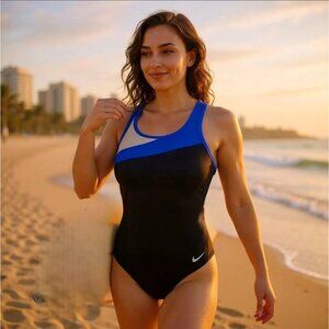Nike One-Piece Swimsuit M – Black & Blue Racerback w/ Adjustable Clasp EUC